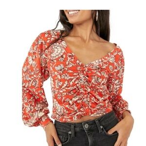 Free People Red Floral Ruched Blouse